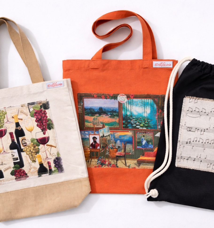 Handgefertigte Stofftaschen und Rucksäcke mit Stoffmotiven – Wein, Kunst und Musik – hochwertige Verarbeitung Patchwork von Elevienna